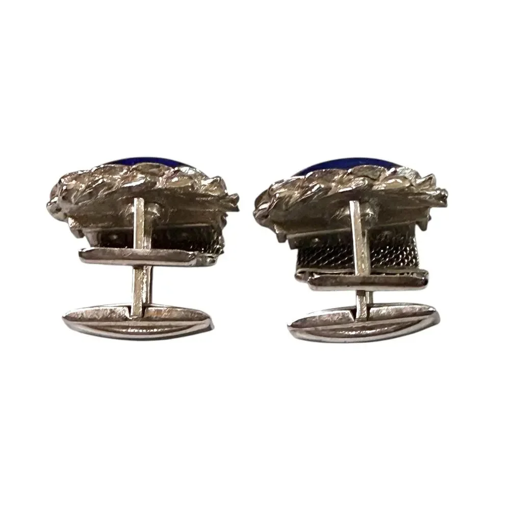 Vintage Cufflinks Mens Silver Tone Blue Cabochons Wraparound Formal Workwear